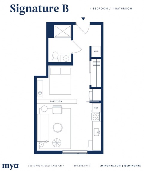 Floor plan for 1 bed, 1 bath, 423 sqft